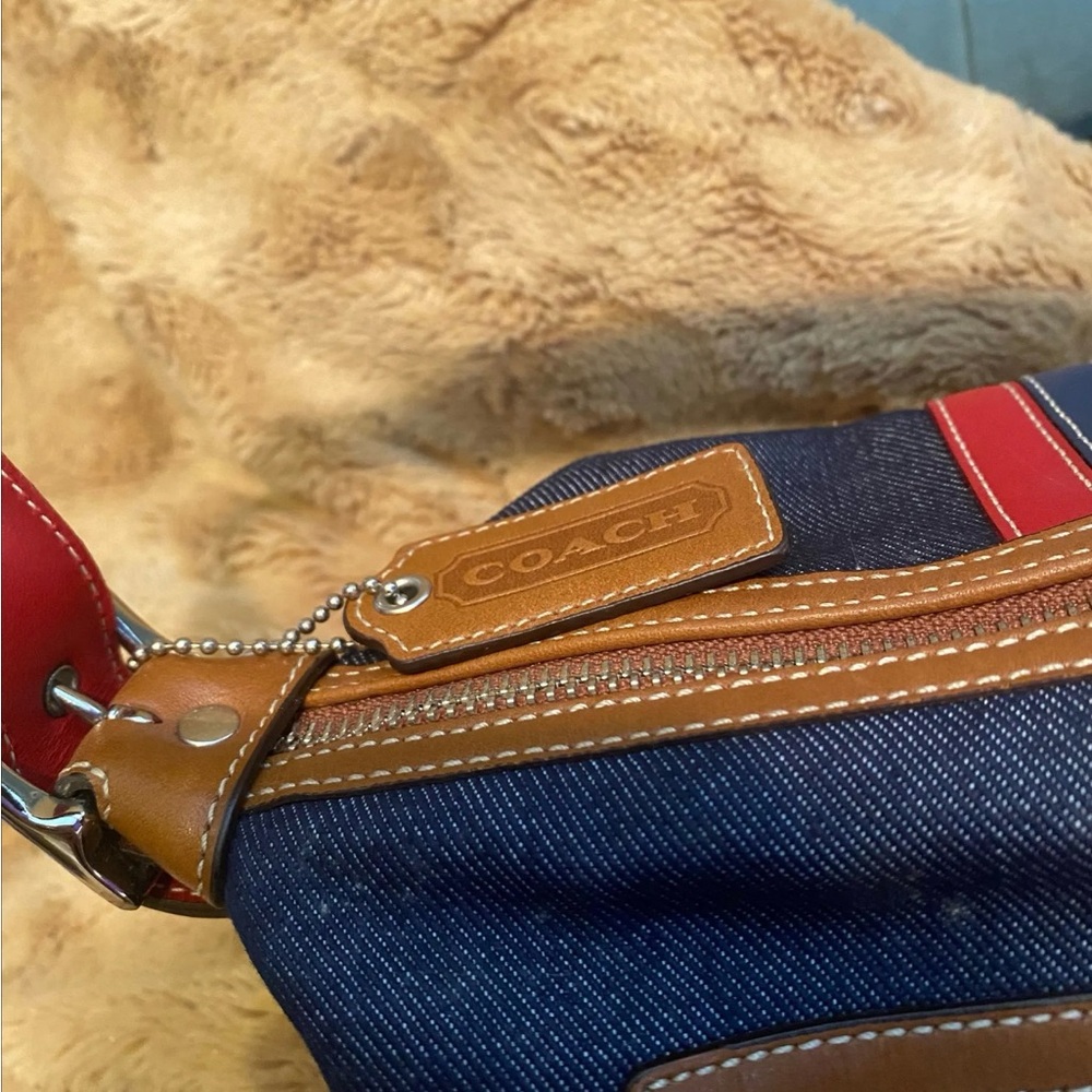 Coach Denim Shoulder Bag with Red and Navy Stripe - Picture 4 of 7